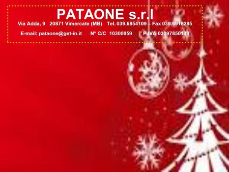 PATAONE s.r.l Via Adda, 9 20871 Vimercate (MB) Tel. 039.6854109 – Fax 039.6918285   N° C/C 10300059 P.IVA 03097850139.