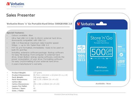 Mitsubishi Chemical Holdings Group Special Features: Colours available: Blue Ultra fast USB 3.0 (6.35cm) external hard drive, downwards compatible.