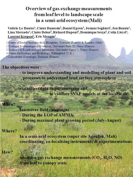 Overview of gas exchange measurements from leaf level to landscape scale in a semi-arid ecosystem (Mali) Valérie Le Dantec 1, Claire Damesin 2, Daniel.