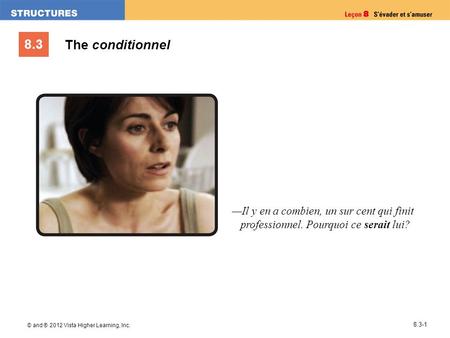 8.3 © and ® 2012 Vista Higher Learning, Inc. 8.3-1 The conditionnel —Il y en a combien, un sur cent qui finit professionnel. Pourquoi ce serait lui?