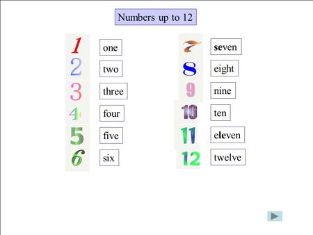 Numbers up to 12 one two three four five six seven eight nine ten eleven twelve.