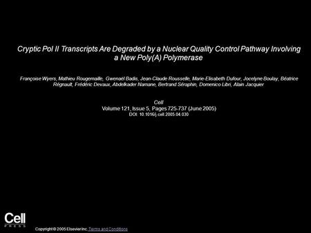 Cryptic Pol II Transcripts Are Degraded by a Nuclear Quality Control Pathway Involving a New Poly(A) Polymerase Françoise Wyers, Mathieu Rougemaille, Gwenaël.