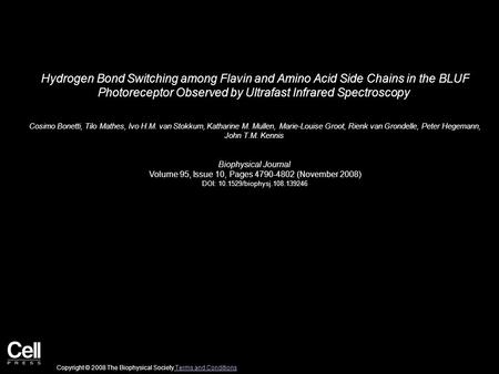 Hydrogen Bond Switching among Flavin and Amino Acid Side Chains in the BLUF Photoreceptor Observed by Ultrafast Infrared Spectroscopy Cosimo Bonetti, Tilo.