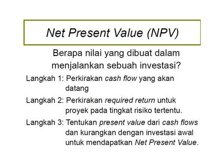 Perhitungan NPV dg R=15% YearCashflow(1+R)^tCF/(1+R)^tcummulative 0-85000-85,000.00 1150001.1513,043.48-71,956.52 2250001.322518,903.59-53,052.93.