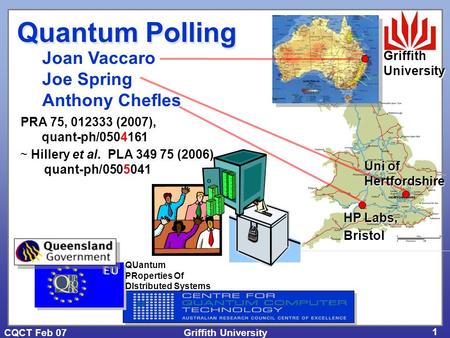 CQCT Feb 07 Griffith University 1 Joan Vaccaro Joe Spring Anthony Chefles Quantum Polling HP Labs, Bristol Griffith University Uni of Hertfordshire QUantum.