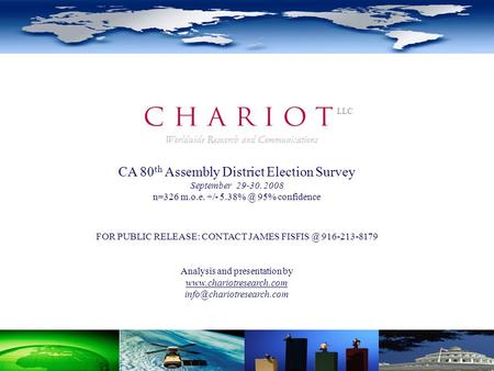 CA 80 th Assembly District Election Survey September 29-30, 2008 n=326 m.o.e. +/- 95% confidence FOR PUBLIC RELEASE: CONTACT JAMES 916-213-8179.