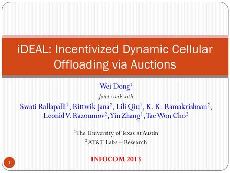 Wei Dong 1 Joint work with Swati Rallapalli 1, Rittwik Jana 2, Lili Qiu 1, K. K. Ramakrishnan 2, Leonid V. Razoumov 2, Yin Zhang 1, Tae Won Cho 2 1 The.