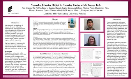 Nonverbal Behavior Elicited by Swearing During a Cold Pressor Task Ann Englert, Dai Xi Cui, Erica L. Decker, Hannah Krebs, Kassandra Palmas, Marissa Pinon,