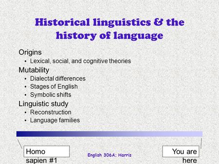 English 306A; Harris Historical linguistics & the history of language Origins Lexical, social, and cognitive theories Mutability Dialectal differences.