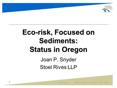 1 Eco-risk, Focused on Sediments: Status in Oregon Joan P. Snyder Stoel Rives LLP.