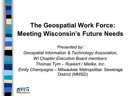 The Geospatial Work Force: Meeting Wisconsin’s Future Needs Presented by: Geospatial Information & Technology Association, WI Chapter Executive Board members: