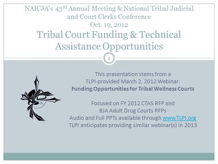 NAICJA’s 43 rd Annual Meeting & National Tribal Judicial and Court Clerks Conference Oct. 19, 2012 Tribal Court Funding & Technical Assistance Opportunities.