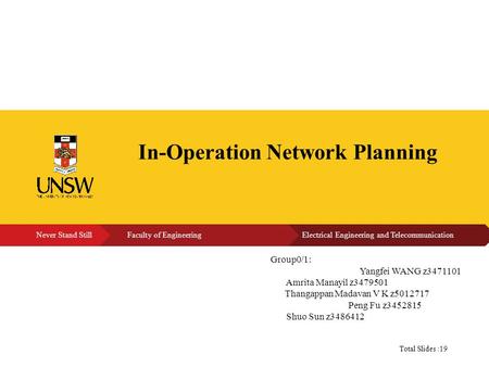 N Group0/1: Yangfei WANG z3471101 Amrita Manayil z3479501 Thangappan Madavan V K z5012717 Peng Fu z3452815 Shuo Sun z3486412 Total Slides :19 In-Operation.