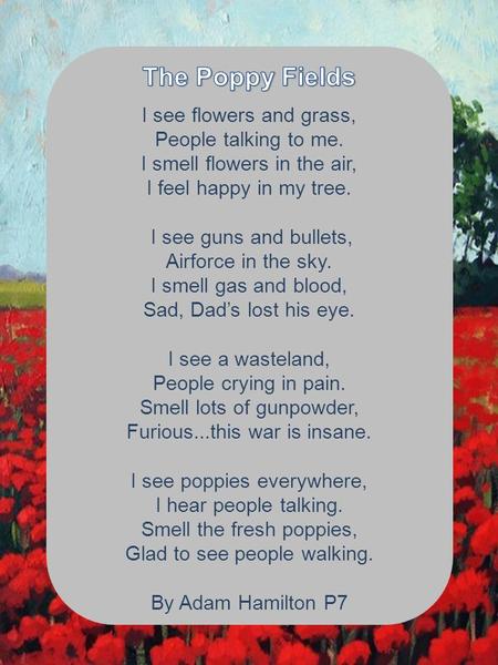 I see flowers and grass, People talking to me. I smell flowers in the air, I feel happy in my tree. I see guns and bullets, Airforce in the sky. I smell.