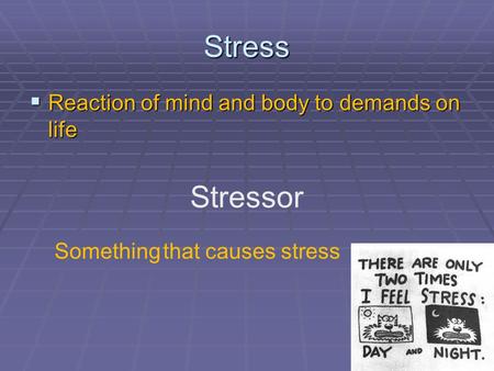 Stress  Reaction of mind and body to demands on life Stressor Something that causes stress.