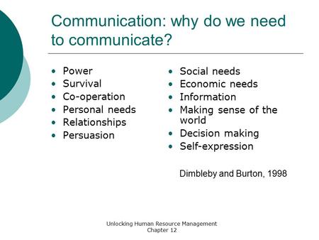 Unlocking Human Resource Management Chapter 12 Communication: why do we need to communicate? Power Survival Co-operation Personal needs Relationships Persuasion.