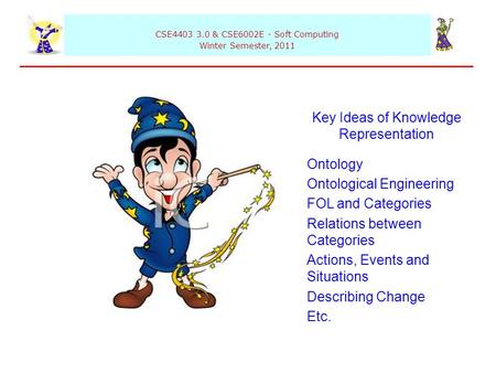 CSE4403 3.0 & CSE6002E - Soft Computing Winter Semester, 2011 Key Ideas of Knowledge Representation Ontology Ontological Engineering FOL and Categories.