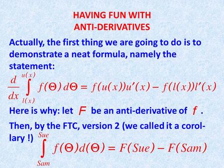 HAVING FUN WITH ANTI-DERIVATIVES Actually, the first thing we are going to do is to demonstrate a neat formula, namely the statement: Here is why: let.