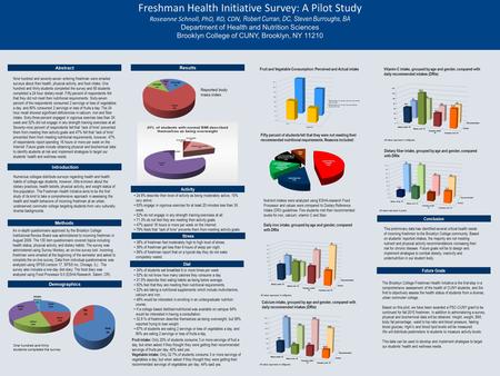 Freshman Health Initiative Survey: A Pilot Study Roseanne Schnoll, PhD, RD, CDN, Robert Curran, DC, Steven Burroughs, BA Department of Health and Nutrition.