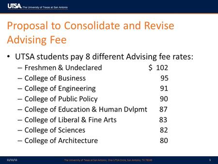 The University of Texas at San Antonio, One UTSA Circle, San Antonio, TX 78249 11/11/111 Proposal to Consolidate and Revise Advising Fee UTSA students.