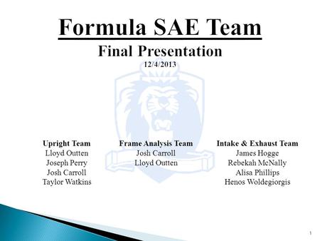 Intake & Exhaust Team James Hogge Rebekah McNally Alisa Phillips Henos Woldegiorgis Upright Team Lloyd Outten Joseph Perry Josh Carroll Taylor Watkins.