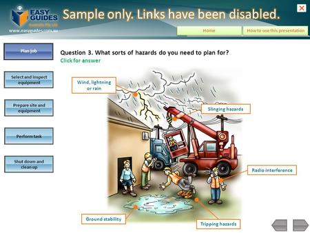 Plan job Select and inspect equipment Prepare site and equipment Perform task Shut down and clean up www.easyguides.com.au How to use this presentation.