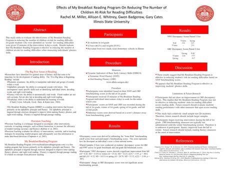 This study seeks to evaluate the effectiveness of My Breakfast Reading Program in reducing the number of children at-risk for reading difficulty. 1st grade.