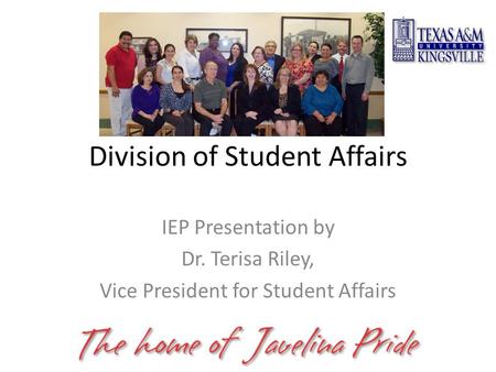 Division of Student Affairs IEP Presentation by Dr. Terisa Riley, Vice President for Student Affairs.