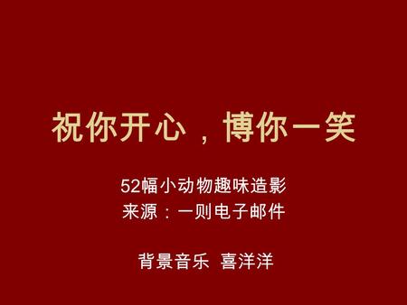 祝你开心，博你一笑 52 幅小动物趣味造影 来源：一则电子邮件 背景音乐 喜洋洋 1. 笑一笑 十年少.