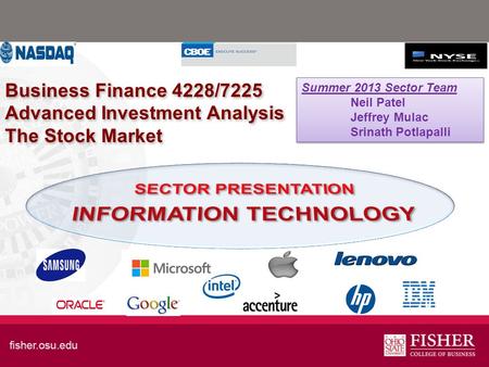 Business Finance 4228/7225 Advanced Investment Analysis The Stock Market Summer 2013 Sector Team Neil Patel Jeffrey Mulac Srinath Potlapalli Summer 2013.