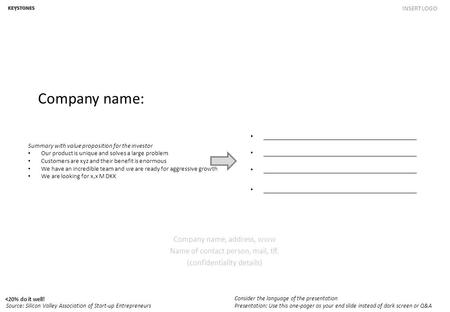 Company name: Company name, address, www Name of contact person, mail, tlf. (confidentiality details) Summary with value proposition for the investor Our.