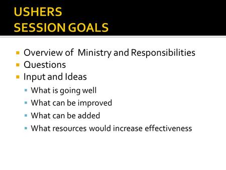  Overview of Ministry and Responsibilities  Questions  Input and Ideas  What is going well  What can be improved  What can be added  What resources.