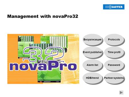 Management with novaPro32 Визуализация Protocols Event publisher Time profil Alarm list Password HDB/trend Partner systems.