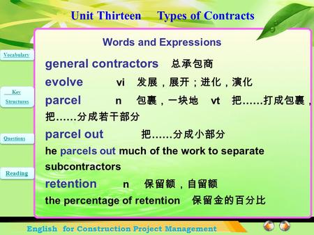 Unit Thirteen Types of Contracts English for Construction Project Management Vocabulary Key Structures Key Structures Questions Reading general contractors.