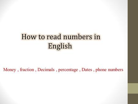 Money, fraction, Decimals, percentage, Dates, phone numbers.