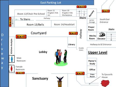 Upper Level Copy Room Office Sanctuary Pastor’s Study To Epworth House Kitchen-Acolyte Lobby Courtyard Wesley Room Prayer Room Janitor Storage Nursery.