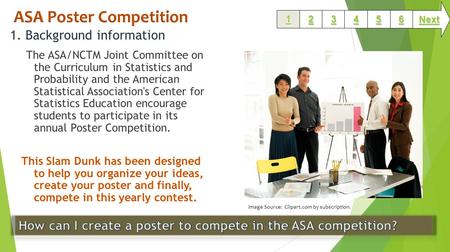 1. Background information The ASA/NCTM Joint Committee on the Curriculum in Statistics and Probability and the American Statistical Association's Center.