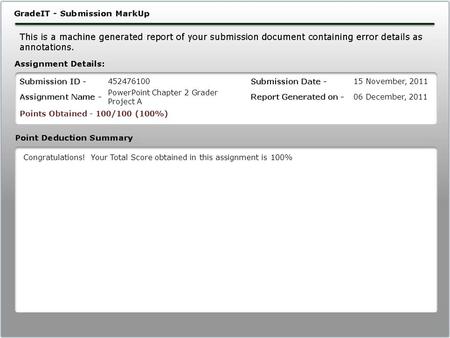 452476100 PowerPoint Chapter 2 Grader Project A 15 November, 2011 06 December, 2011 Points Obtained - 100/100 (100%) Congratulations! Your Total Score.