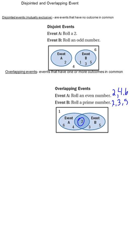 Disjointed and Overlapping Event Disjointed events (mutually exclusive) - are events that have no outcome in common Overlapping events- events that have.