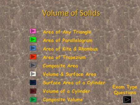 Area of Any Triangle Area of Parallelogram Area of Kite & Rhombus Volume of Solids Area of Trapezium Composite Area Volume & Surface Area Surface Area.