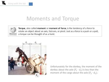 Moments and Torque living with the lab Torque, also called moment or moment of force, is the tendency of a force to rotate an object about an axis, fulcrum,