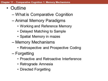 Chapter 11 – Comparative Cognition 1: Memory Mechanisms