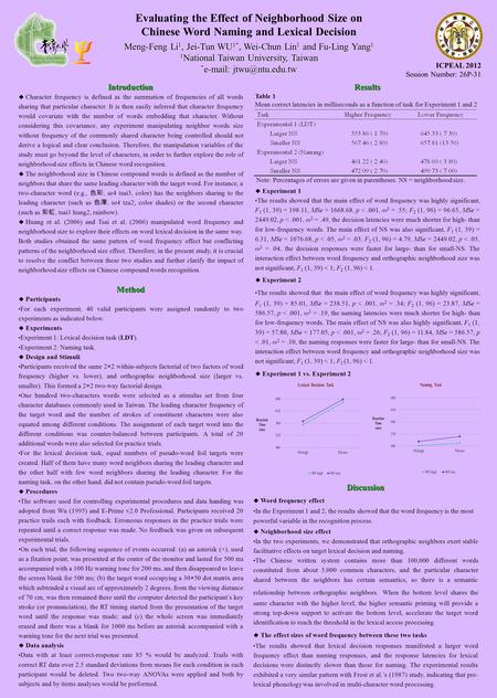 Evaluating the Effect of Neighborhood Size on Chinese Word Naming and Lexical Decision Meng-Feng Li 1, Jei-Tun WU 1*, Wei-Chun Lin 1 and Fu-Ling Yang 1.