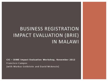 CIC – DIME Impact Evaluation Workshop, November 2012 Francisco Campos (with Markus Goldstein and David Mckenzie) 1 BUSINESS REGISTRATION IMPACT EVALUATION.