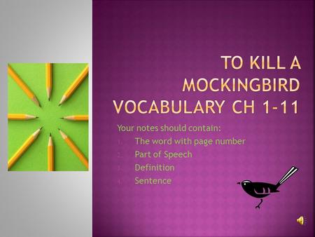 Your notes should contain: 1. The word with page number 2. Part of Speech 3. Definition 4. Sentence.