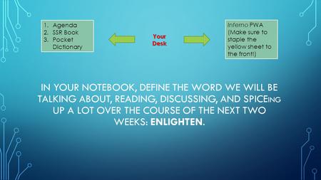 IN YOUR NOTEBOOK, DEFINE THE WORD WE WILL BE TALKING ABOUT, READING, DISCUSSING, AND SPICE ING UP A LOT OVER THE COURSE OF THE NEXT TWO WEEKS: ENLIGHTEN.