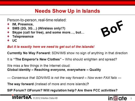 © 2012 Intertex Data AB 1 Needs Show Up in Islands Person-to-person, real-time related: + IM, Presence, + SMS (2G, 3G…) (Wireless only!?) + Skype (call.