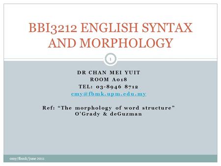 DR CHAN MEI YUIT ROOM A018 TEL: 03-8946 8712 Ref: “The morphology of word structure” O’Grady & deGuzman BBI3212 ENGLISH SYNTAX AND.