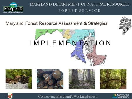 F O R E S T S E R V I C E Conserving Maryland ’ s Working Forests 1 I M P L E M E N T A T I O N Maryland Forest Resource Assessment & Strategies.