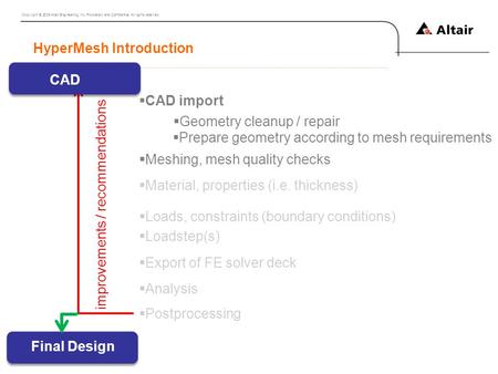 Copyright © 2009 Altair Engineering, Inc. Proprietary and Confidential. All rights reserved.  CAD import  Geometry cleanup / repair  Prepare geometry.